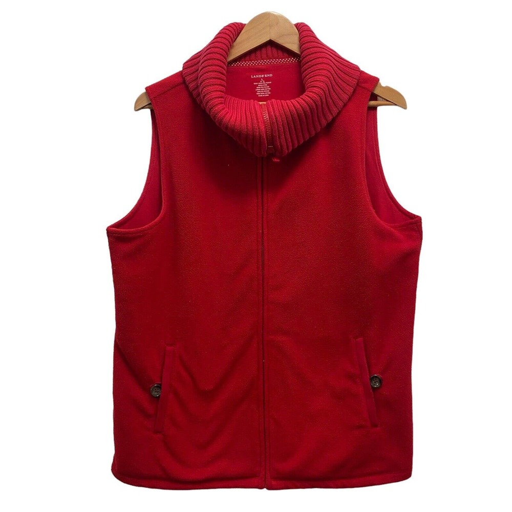 Lands End Womens Large Red Ribbed Knit Neck Full Zip Lined Winter Vest Y2K 90s